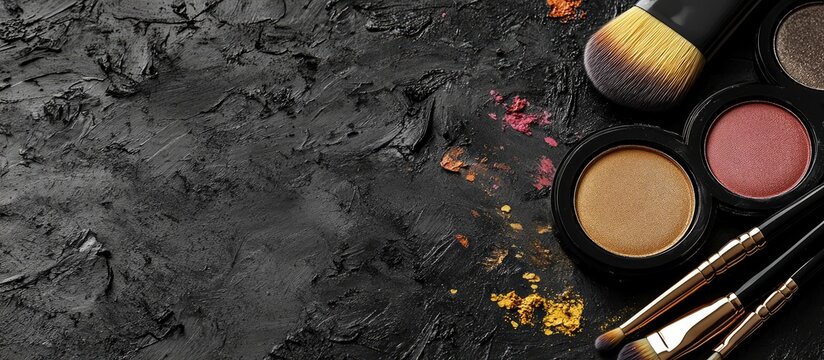 Makeup brush and palette on a black background vintage style with free space for text. with copy space image. Place for adding text or design - Powered by Adobe