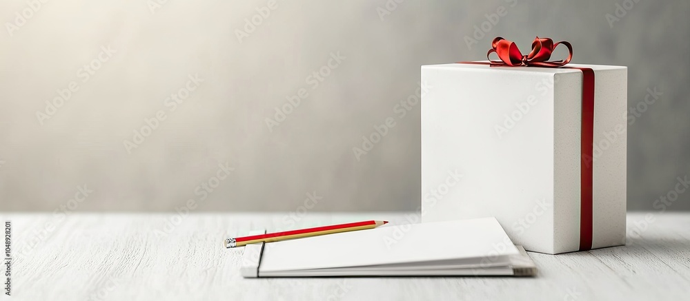 Poster Notebook on a white table alongside a gift box and a pencil. with copy space image. Place for adding text or design