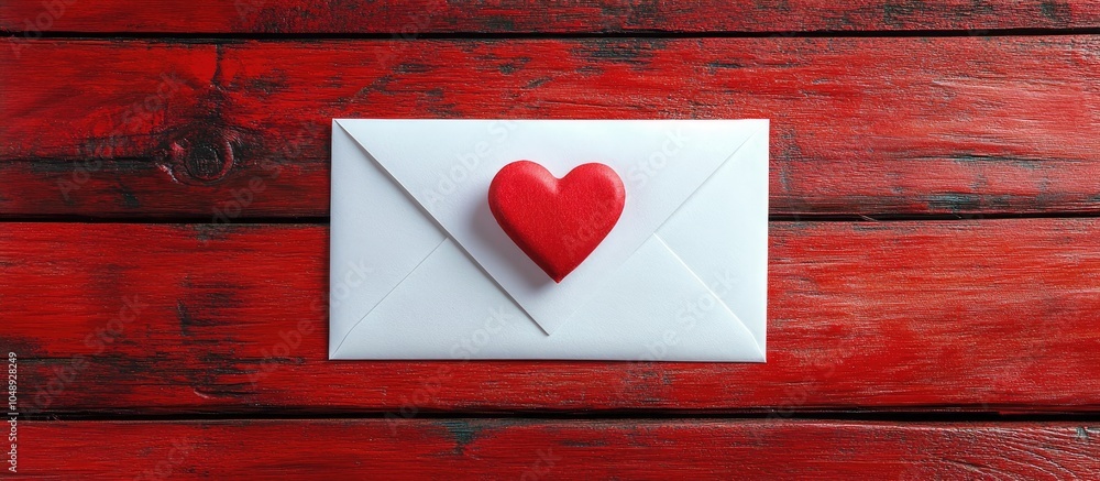 Poster white paper love letter envelope featuring a red heart on a red background atop a red wood table wit
