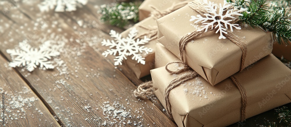 Poster gift boxes wrapped in kraft paper secured with twine and adorned with paper snowflakes featuring cop