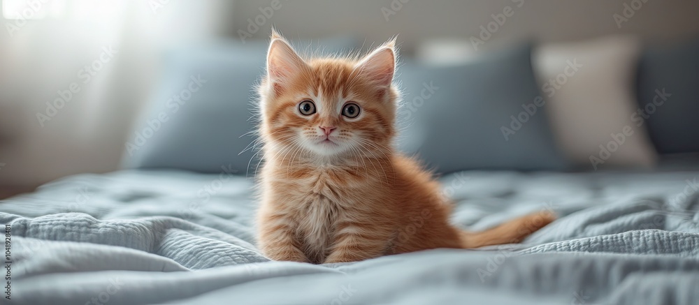 Aufkleber a lovely adorable siberian kitten sits on the bed gazing at the camera. with copy space image. place