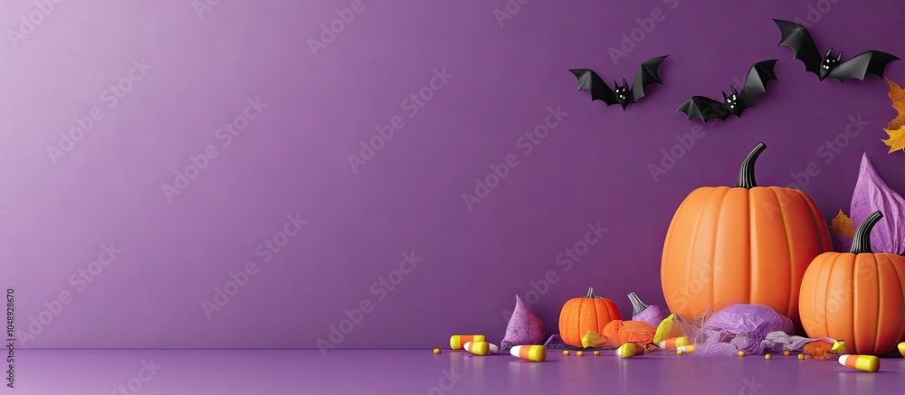 Poster Pumpkins candy corn and paper bats on a table set against a lilac background with room for text Halloween banner. with copy space image. Place for adding text or design