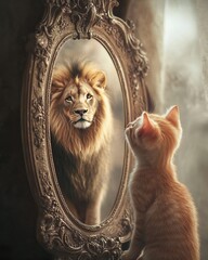 Small kitten looking into a mirror and seeing a lion reflection. Self-confidence