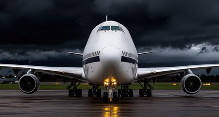Obraz premium Majestic airplane on the runway, facing the ominous storm clouds. A powerful image of resilience, anticipation, and the thrill of air travel
