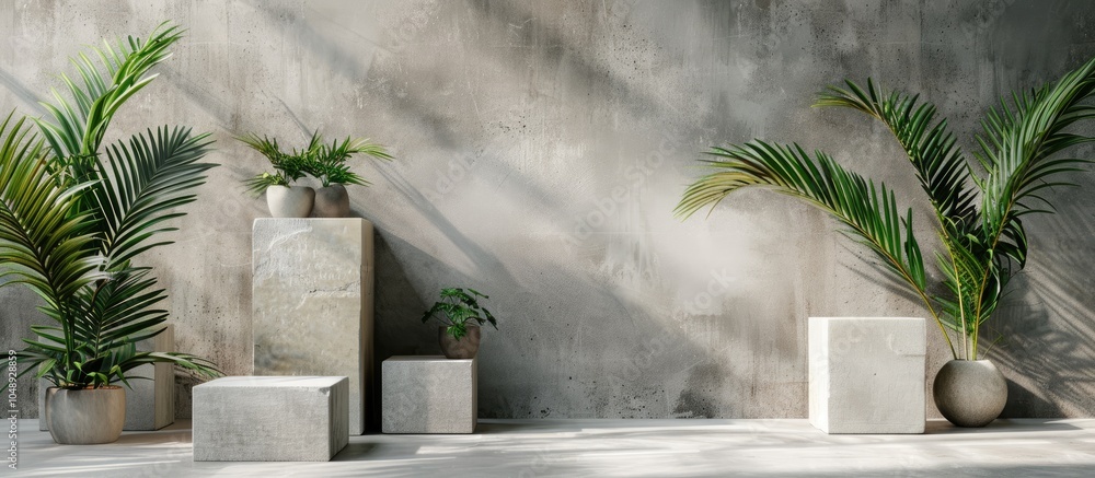 Poster Abstract modern still life Natural elements Arrangement of palm leaves travertine and concrete blocks. with copy space image. Place for adding text or design