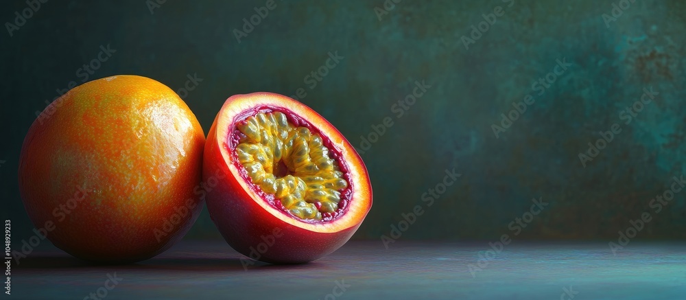 Poster maracuja passionfruit halved still life perspective. with copy space image. place for adding text or