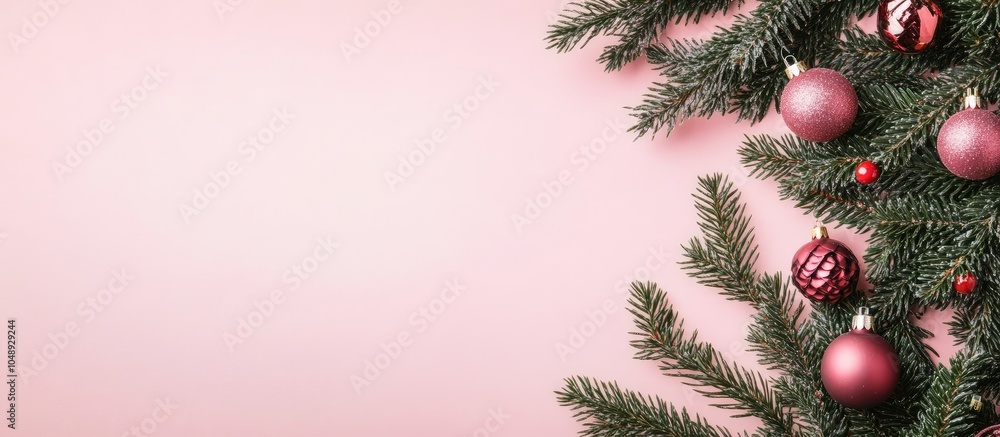 Poster green christmas tree branches and ornaments on a pink background top view copyspace flat lay minimal