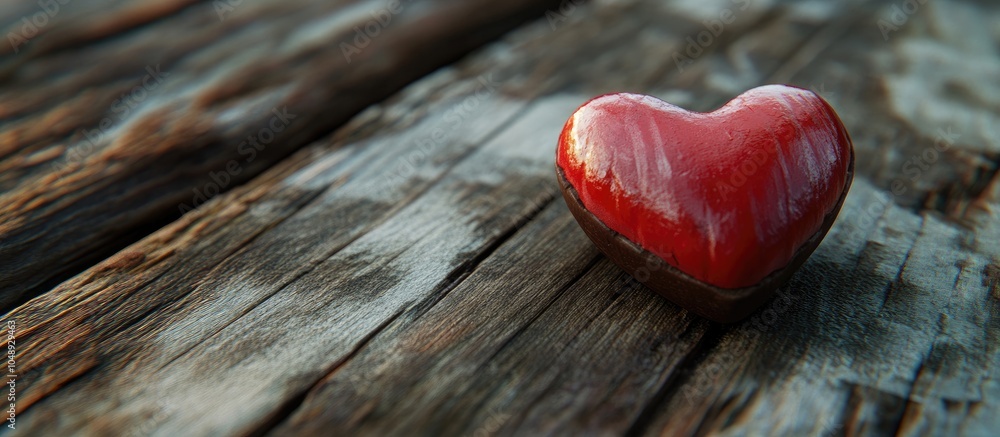 Poster Chocolate with a red heart on a wooden surface. with copy space image. Place for adding text or design