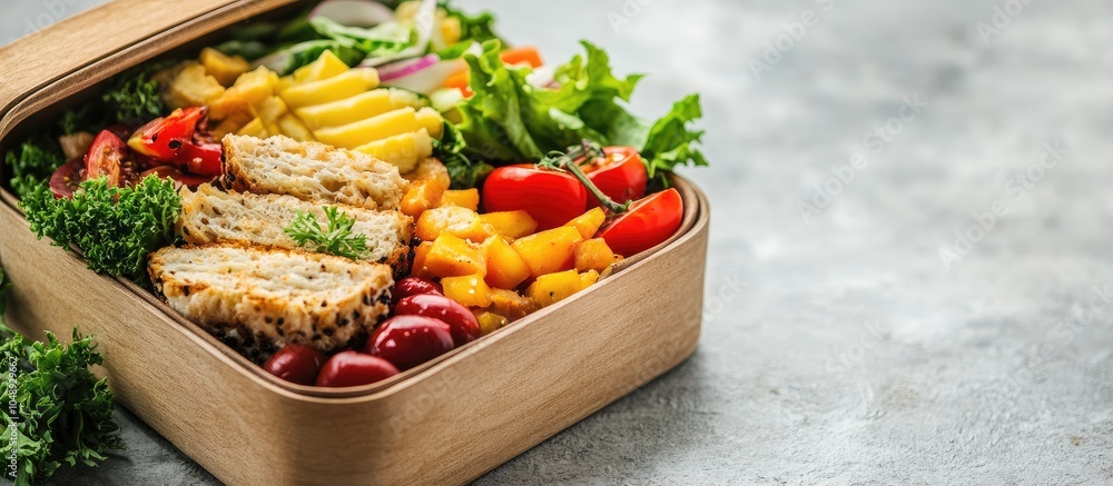 Poster lunch box filled with delicious food on a light background. with copy space image. place for adding 