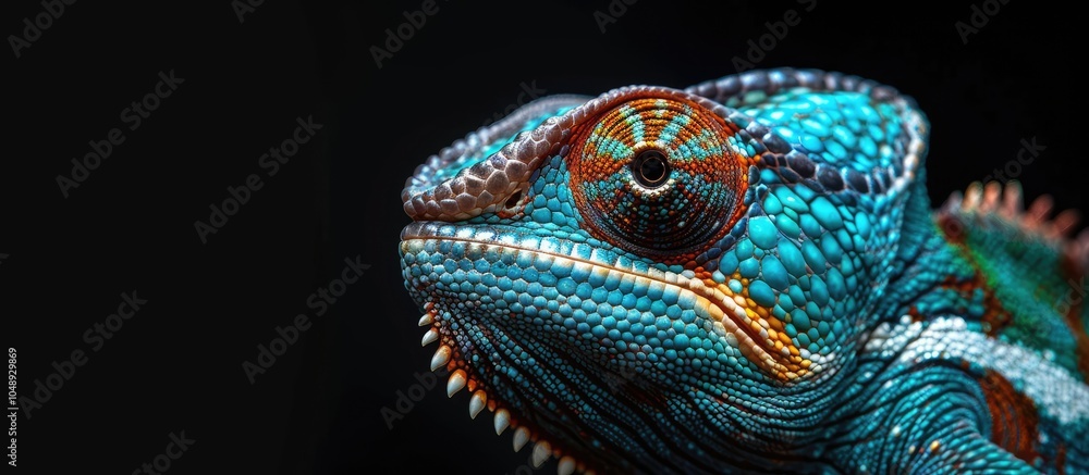 Poster A chameleon portrait Macro photograph of details skin eyes head and colors Chamaeleo chamaeleon Observing an insect. with copy space image. Place for adding text or design