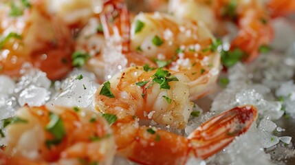 Close-up of Cooked Shrimp on Ice with Parsley