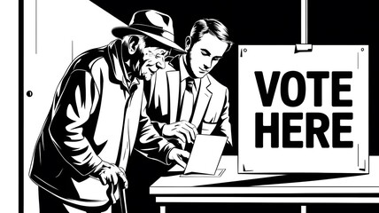 Illustration of Elderly Voter with Assistance