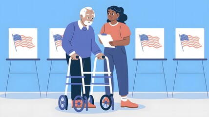 Illustration of Elderly Voter with Assistance