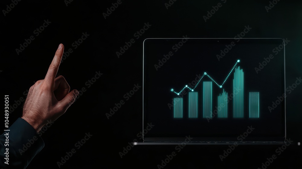 Poster hand pointing at a digital graph on a laptop, representing growth and progress against a dark backgr