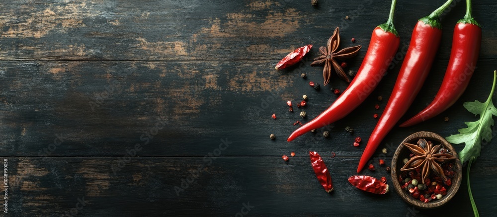 Poster chili and anise on dark boards. with copy space image. place for adding text or design