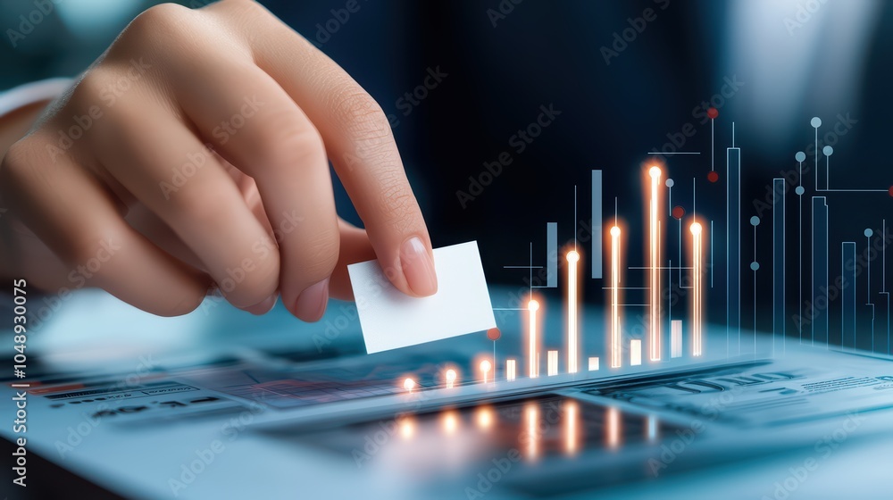 Poster hand placing blank card on data chart with glowing graphs and financial metrics, focus on analytics.