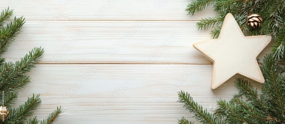 Leinwandbilder light wooden shabby background for christmas or new year featuring a flat wooden toy star and spruce