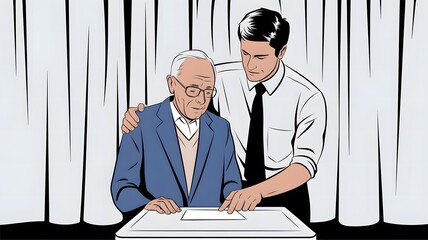 Illustration of Elderly Voter with Assistance