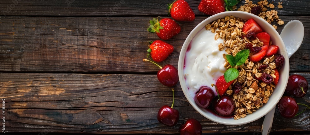 Aufkleber healthy breakfast granola strawberries cherries nuts and yogurt in a bowl on a wooden table vegetari