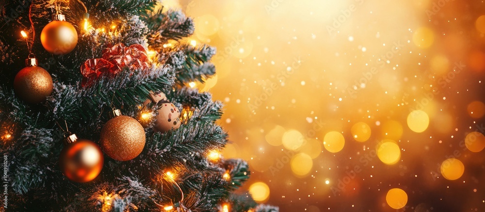 Fototapete christmas tree decorated with toys against a backdrop of orange lights. with copy space image. place
