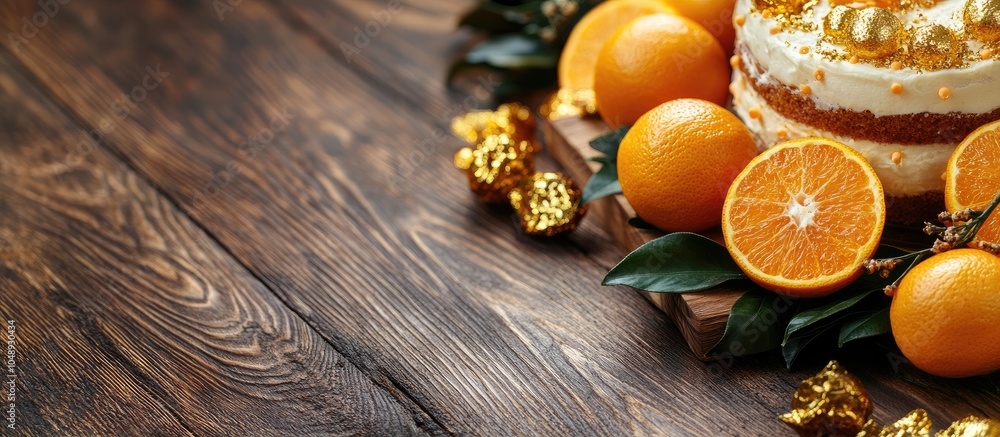 Aufkleber Oranges cake and gold on wood representing a Chinese New Year theme. with copy space image. Place for adding text or design