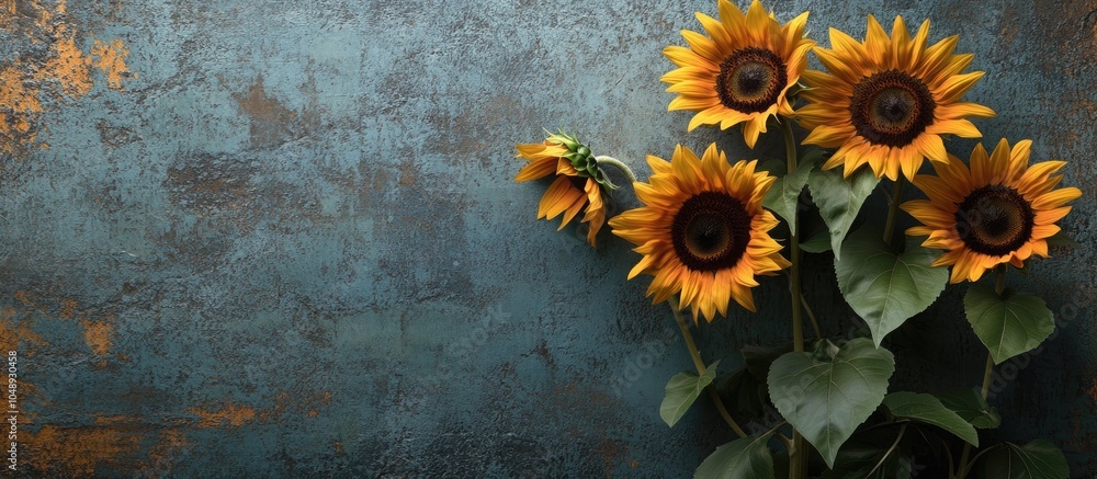 Poster sunflowers in partial shade against a rustic grunge backdrop with copy space
