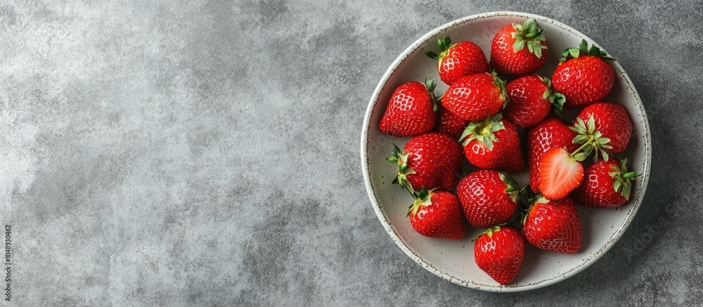 Aufkleber Fresh tasty strawberries arranged on a chic plate against a concrete backdrop Above view with copyspace available