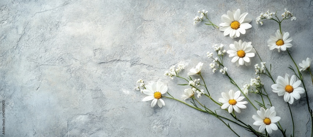 Poster cluster of small daisy flowers on a closeup gray textured background. with copy space image. Place for adding text or design
