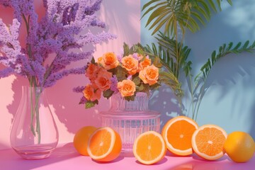 Vibrant retro scene inspired by 2024 color trends with lilac, chambray blue, and burnt orange accents, soft shadows, slightly faded, nostalgic yet modern 