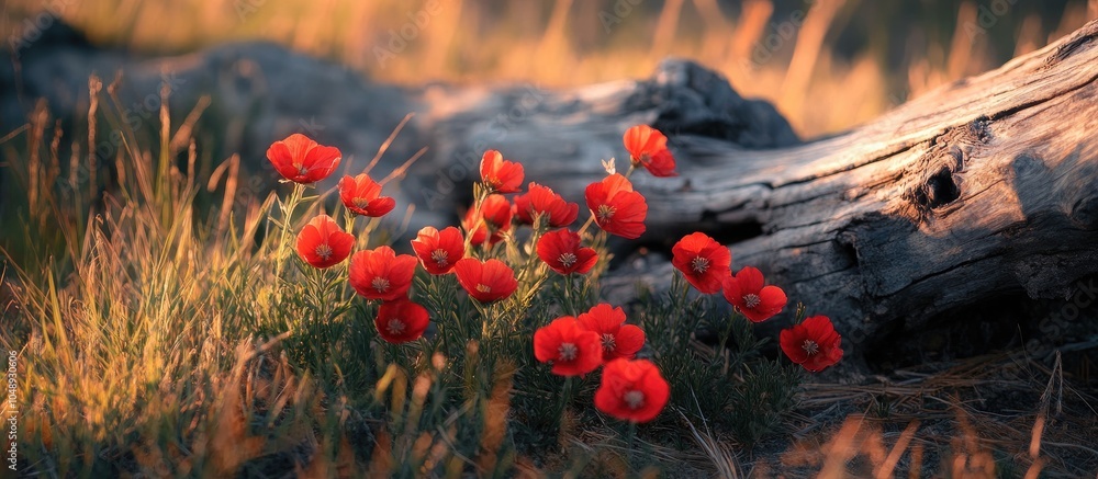 Poster a cluster of red buttercups flourishing next to a fallen dry pine tree in a meadow a photo featuring