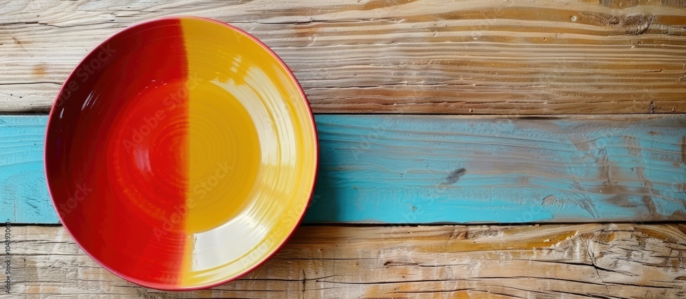 Fototapete Top view of a vacant colorful plate on a wooden surface Blank space for your design. with copy space image. Place for adding text or design