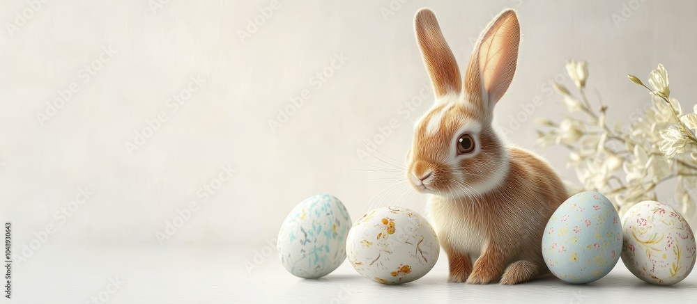 Poster Decorative Easter eggs with a rabbit on a white background providing textured copy space for banner design