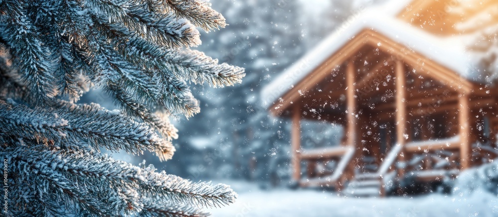 Aufkleber close up of a spruce branch a wooden house built of beams with a porch and staircase all covered in 