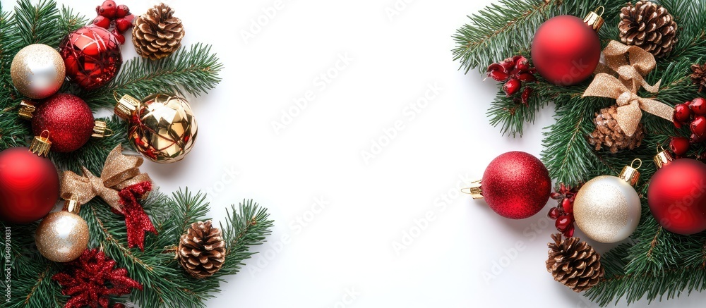 Poster christmas frame featuring red green and gold balls bows fir branches and pine cones set against a wh