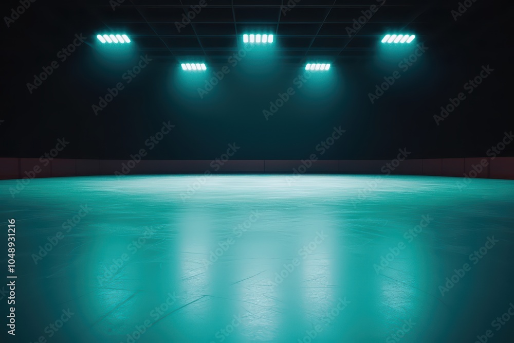 Poster illuminated ice rink with reflective surface, empty space for skating.