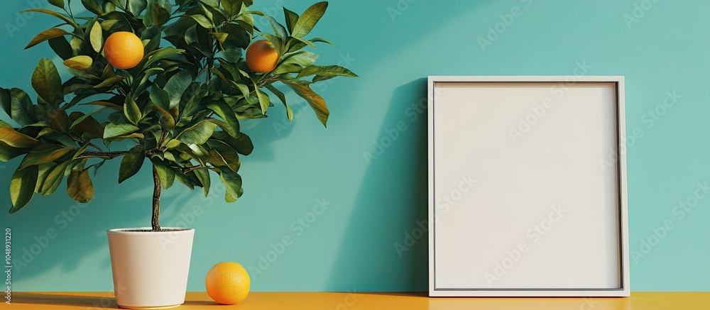 Poster Potted citrus tree with an empty frame on a table against a colored background Room for text. with copy space image. Place for adding text or design