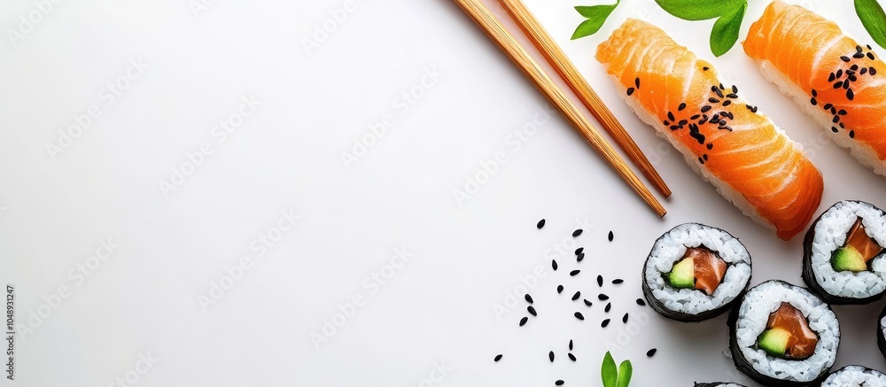 Leinwandbilder sushi rolls with fish on a white background menu for a restaurant. with copy space image. place for 