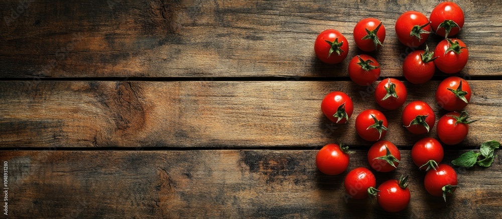 Poster fresh cherry tomatoes on a rustic wooden table top view with copyspace