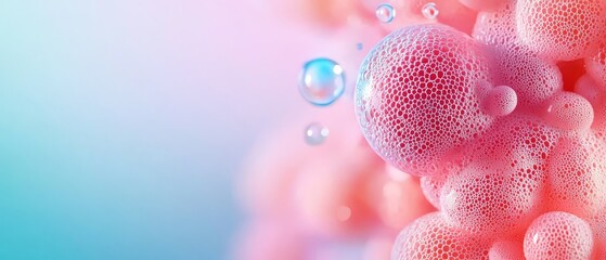  A tight shot of numerous bubbles against a backdrop of blue, pink, and pink hues, with a blue sky overhead