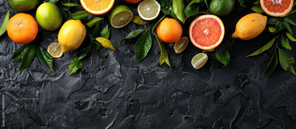 Poster citrus backdrop variety of fresh citrus fruits accompanied by leaves including lemon orange lime gra