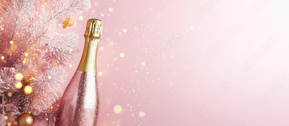 Poster christmas arrangement featuring a champagne bottle with golden sparkles on a pastel pink background 