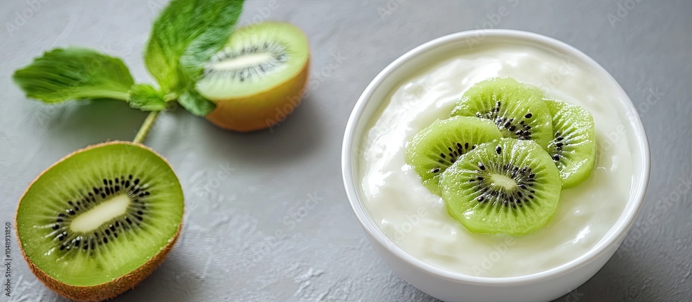 Fototapete yogurt with kiwifruit sauce. with copy space image. place for adding text or design
