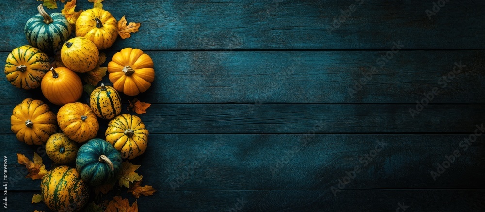 Poster mini pumpkins and gourds arranged on a dark wood background with copy space around them