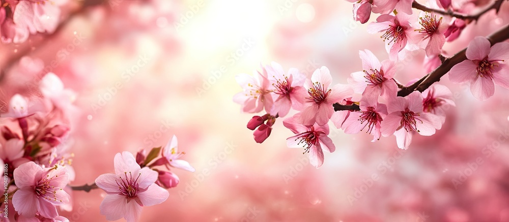 Poster sakura in full bloom with pink flowers during spring. with copy space image. place for adding text o