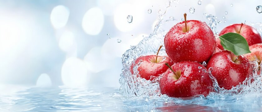  Group of red apples submerged in water One apple has a green leaf floating above it Water forms droplets at apples' base