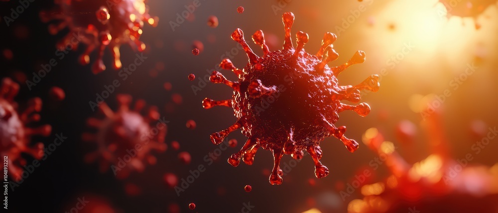 Poster microscopic view of virus particles on a dark background with soft lighting.