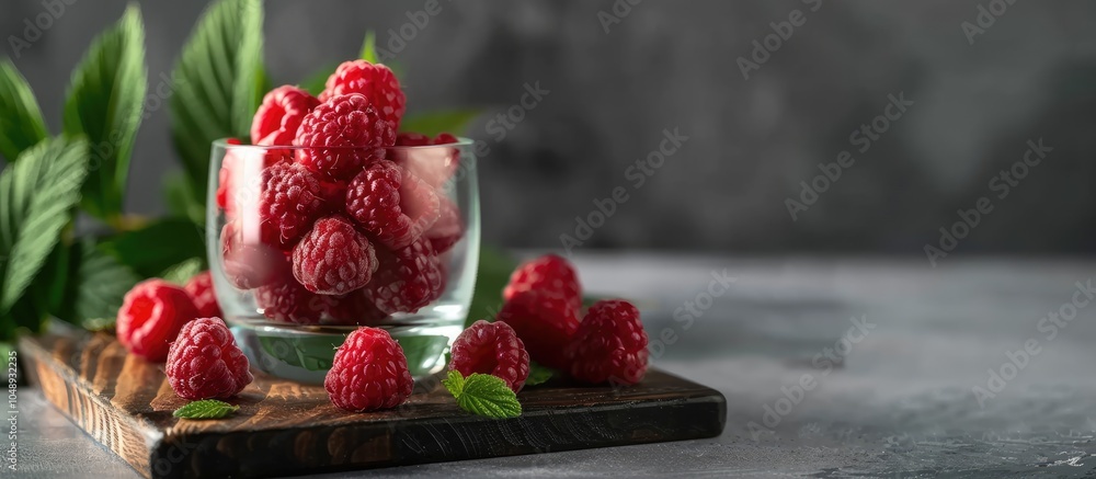Poster ripe juicy raspberries in a clear glass on a wooden board with green leaves in the background dark g