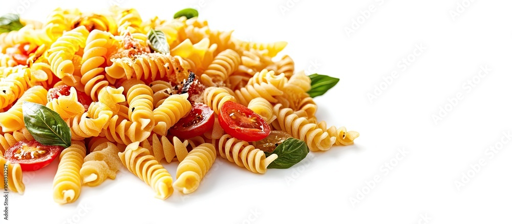 Fototapete Tasty mixed pasta on a white background. with copy space image. Place for adding text or design