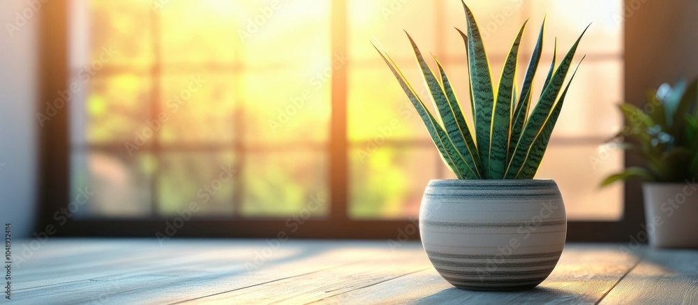 Aufkleber green sansevieria plant in a pot in a home garden. with copy space image. place for adding text or d