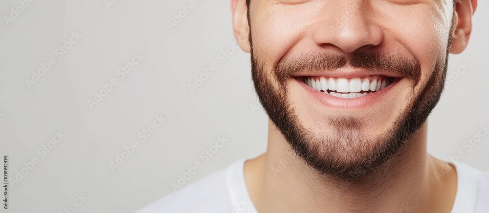 Poster Close up image of a smiling man against a white background. with copy space image. Place for adding text or design